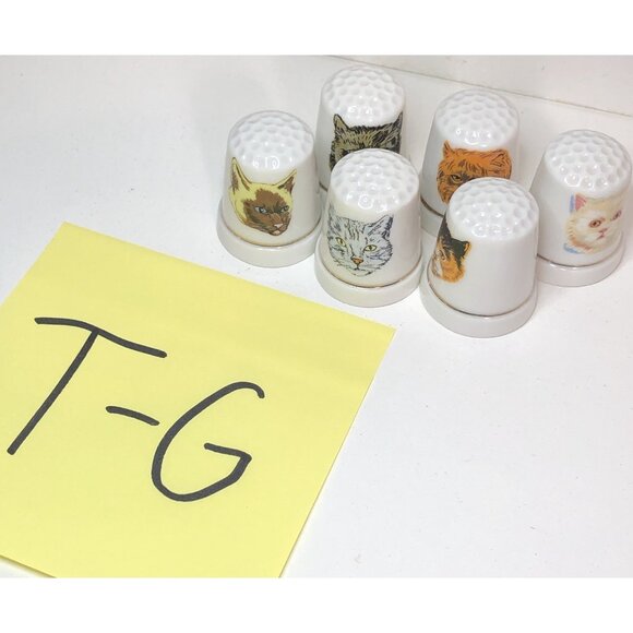 Lot of 6 Porcelain Cat Face Thimbles White Gold Rim SDJ-TG - Picture 10 of 10